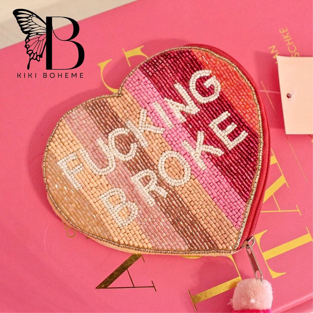 NEW Seed Beaded Pink Rainbow Ombre Coin Makeup Storage Pouch Heart Broke